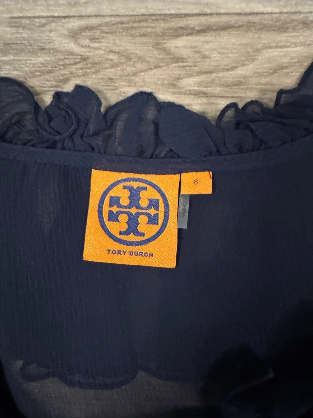 Tory Burch 100% Silk Sheer Ruffle-Trim Button Front Blouse in Navy Blue Size 8